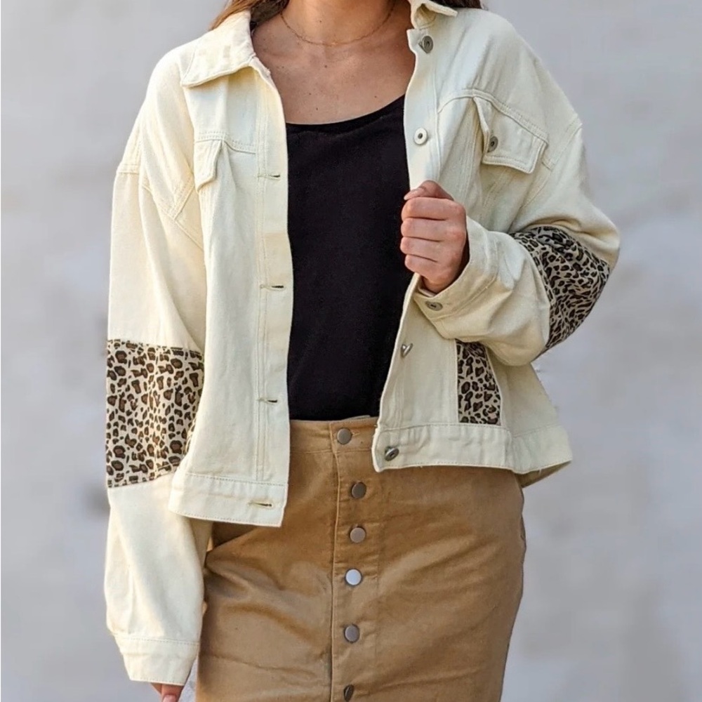 Cream Denim Jacket with Leopard Accents